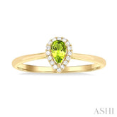 5x3 MM Pear Shape Peridot and 1/20 Ctw Single Cut Diamond Halo Semi-Precious Ring in 14K Yellow Gold